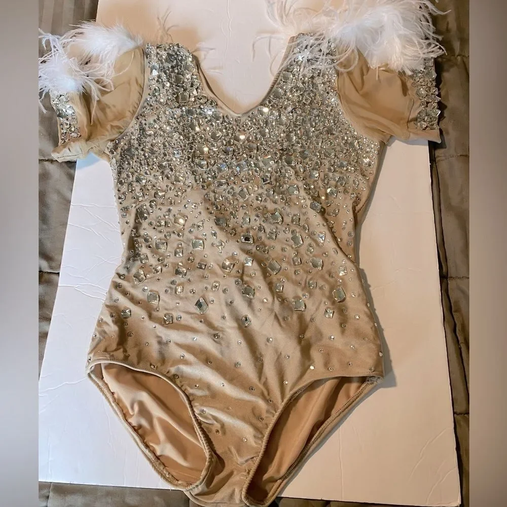 Glamour solo Crystal rhinestone feather dance costume nude tan SA-Small adult